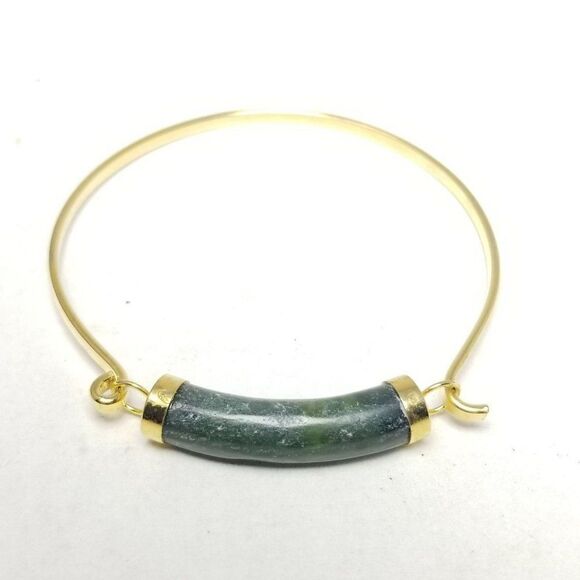 Vintage Green and Gold Tone Bangle Bracelet, Minimal Design, Stacking Estate - Picture 5 of 5